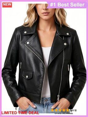 Faux Leather Cropped Moto Biker Jacket Slim Fit Long Sleeve Zip Front